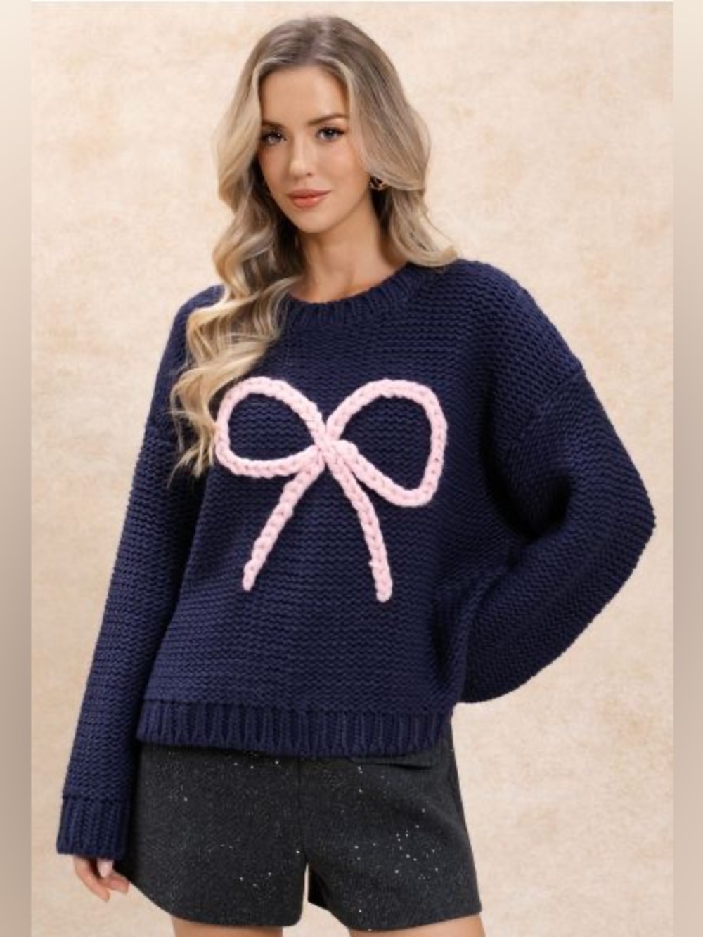 Womenās Navy Knit Sweater with Pink Bow Detail XXS zz1-08